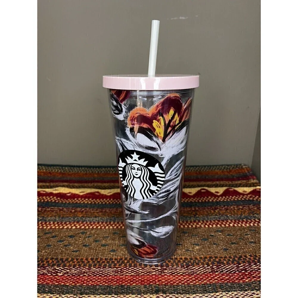 2019 Starbucks Peony Flower Floral Tumbler Venti Cold Cup 24 oz Pink Lid & Straw